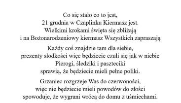 Rozstrzygnięcie Konkursu na Rymowane zaproszenie na świąteczny jarmark