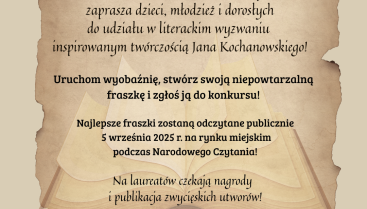 "KOCHANOWSKI 2.0 - FRASZKA W NOWYM WYDANIU" KONKURS LITERACKI NA FRASZKĘ Z OKAZJI NARODOWEGO CZYTANIA