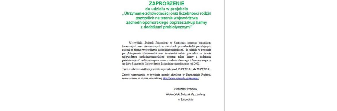 Zaproszenie pszczelarzy z terenu województwa zachodniopomorskiego do udziału w projekcie realizowanym przez Wojewódzki Związek Pszczelarzy w Szczecinie