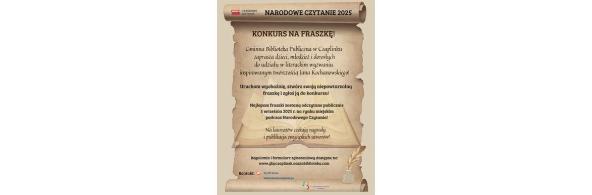 "KOCHANOWSKI 2.0 - FRASZKA W NOWYM WYDANIU" KONKURS LITERACKI NA FRASZKĘ Z OKAZJI NARODOWEGO CZYTANIA